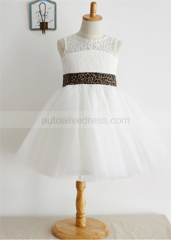 Ivory Lace Tulle Keyhole Back Cute Flower Girl Dress With Leopard Sash Ivory Lace Tulle Keyhole Back Cute Flower Girl Dress With Leopard Sash
